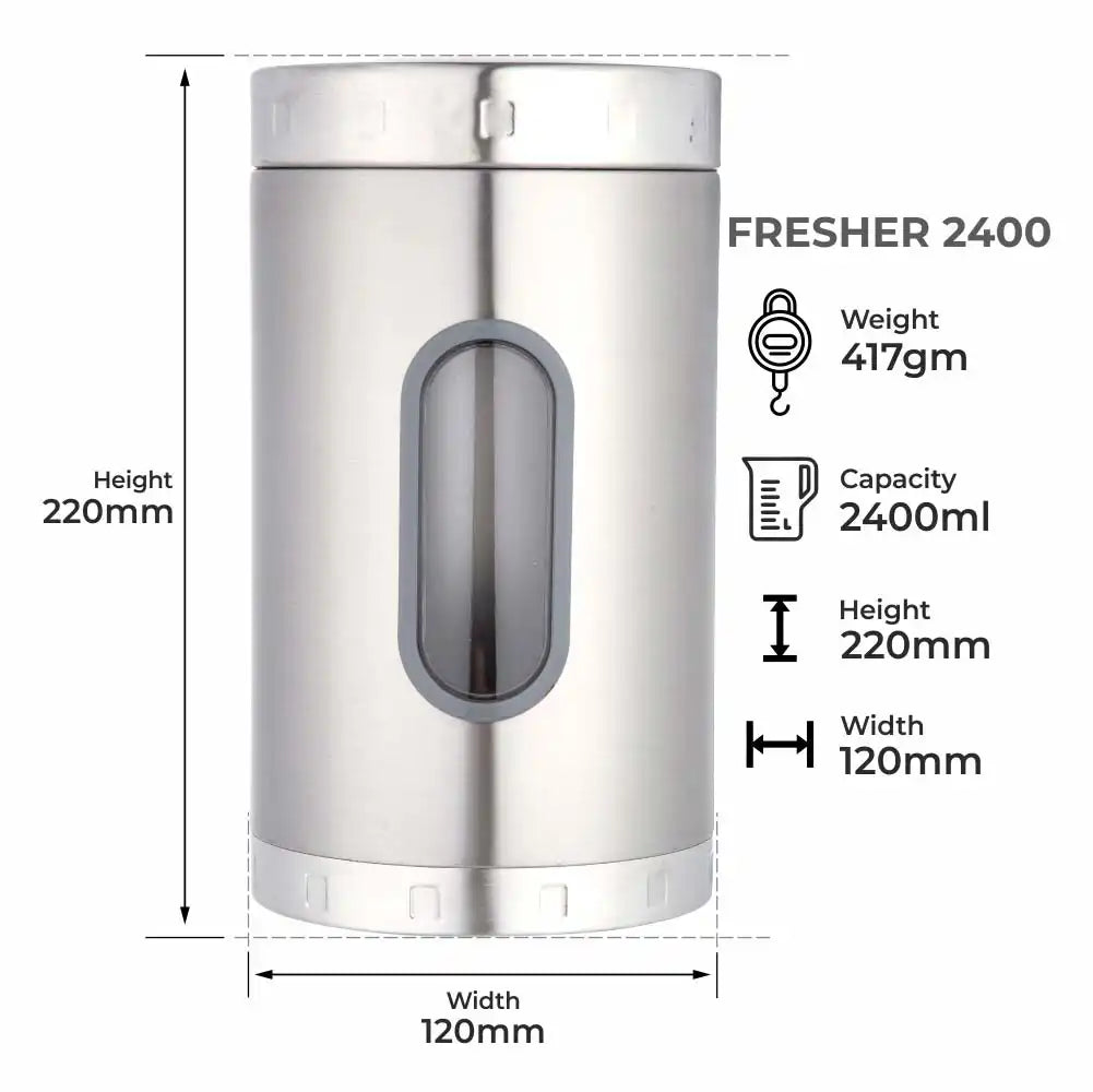DUBBLIN Stainless Steel Storage jar container Fresher screw lid transparent visible window food safe steel Storage container 2400 ml, 1 Piece, Silver