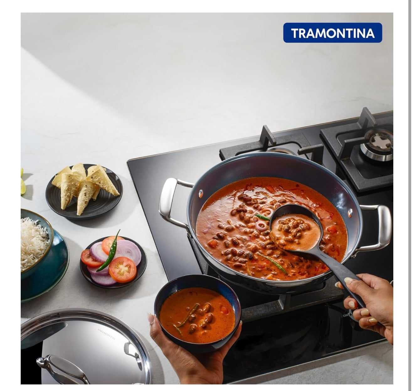 TRAMONTINA Fusao Ceramic Coated Triply Stainless Steel Deep Kadai EX+ with Lid 22 cm/3.0 L, Non Toxic, Induction Friendly, 10 Year Warranty