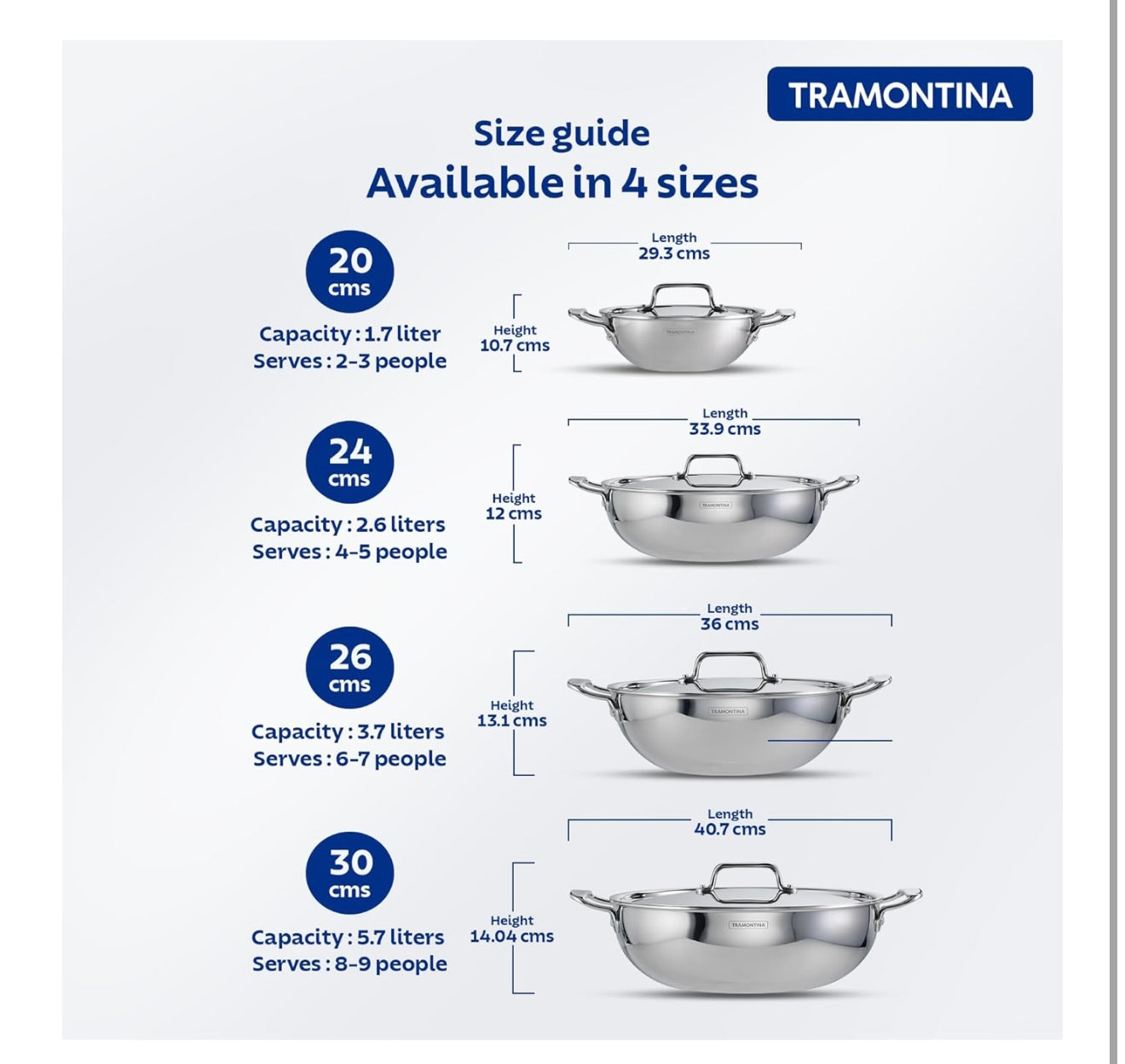 TRAMONTINA Fusao Ceramic Coated Triply Stainless Steel Deep Kadai EX+ with Lid 22 cm/3.0 L, Non Toxic, Induction Friendly, 10 Year Warranty