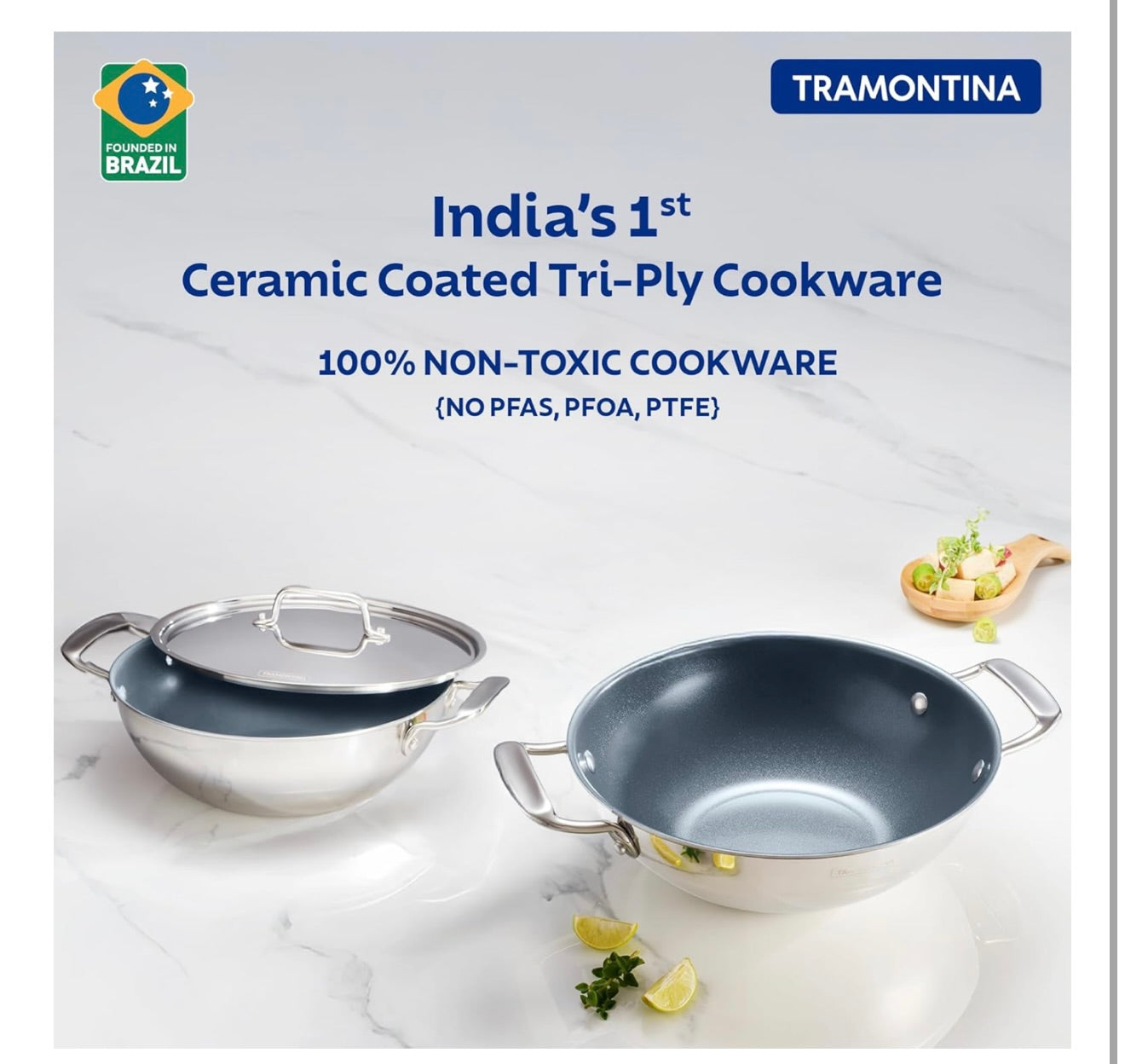 TRAMONTINA Fusao Ceramic Coated Triply Stainless Steel Deep Kadai EX+ with Lid 22 cm/3.0 L, Non Toxic, Induction Friendly, 10 Year Warranty