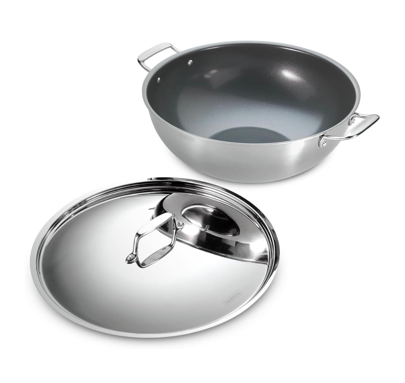 TRAMONTINA Fusao Ceramic Coated Triply Stainless Steel Deep Kadai EX+ with Lid 32 cm/8.0 L, Non Toxic, Induction Friendly, 10 Year Warranty