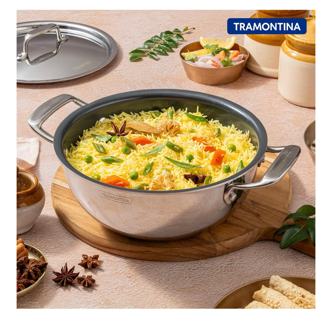 TRAMONTINA Fusao Ceramic Coated Triply Stainless Steel Deep Kadai EX+ with Lid 32 cm/8.0 L, Non Toxic, Induction Friendly, 10 Year Warranty
