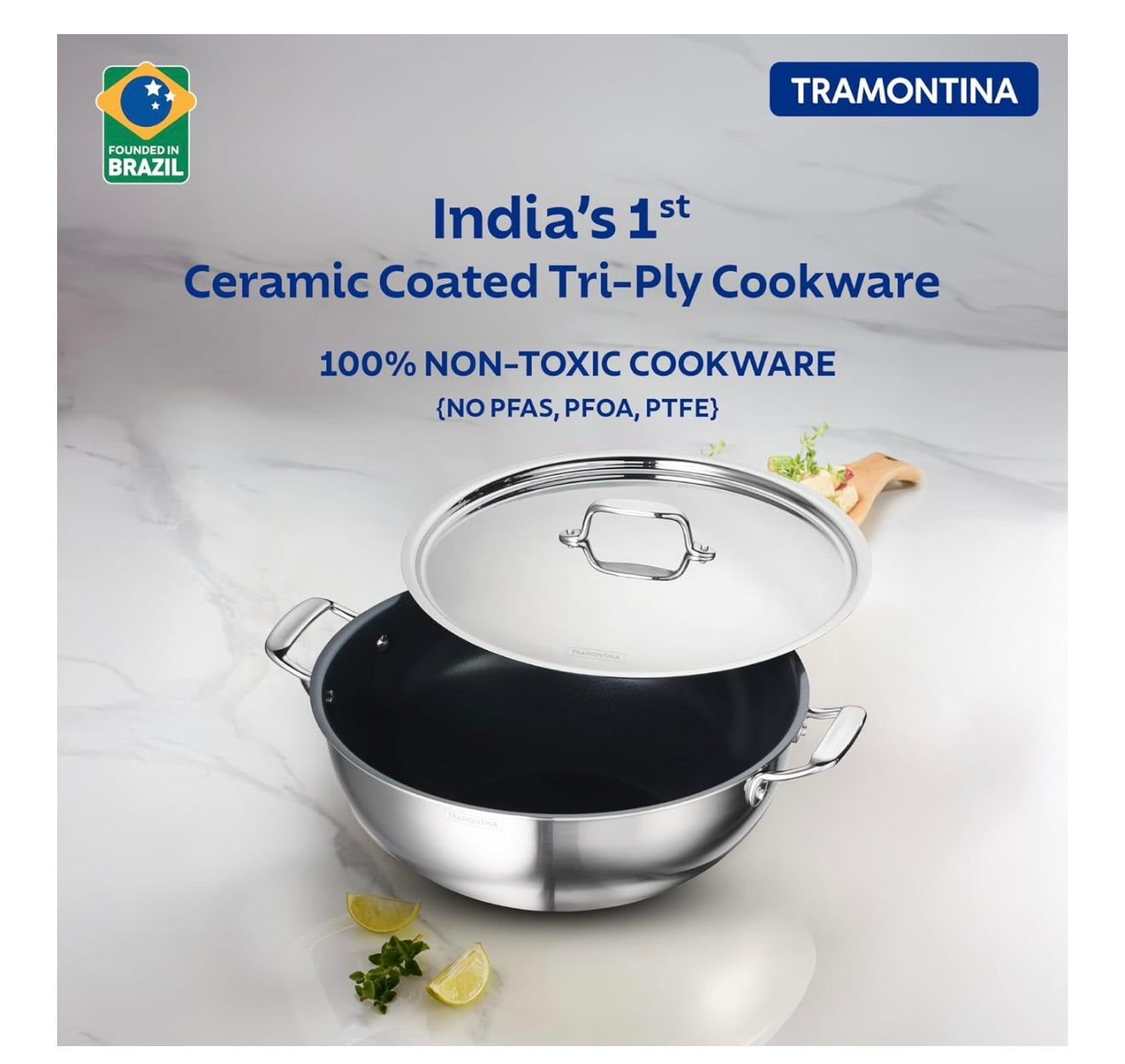 TRAMONTINA Fusao Ceramic Coated Triply Stainless Steel Deep Kadai EX+ with Lid 24 cm/3.8 L, Non Toxic, Induction Friendly, 10 Year Warranty