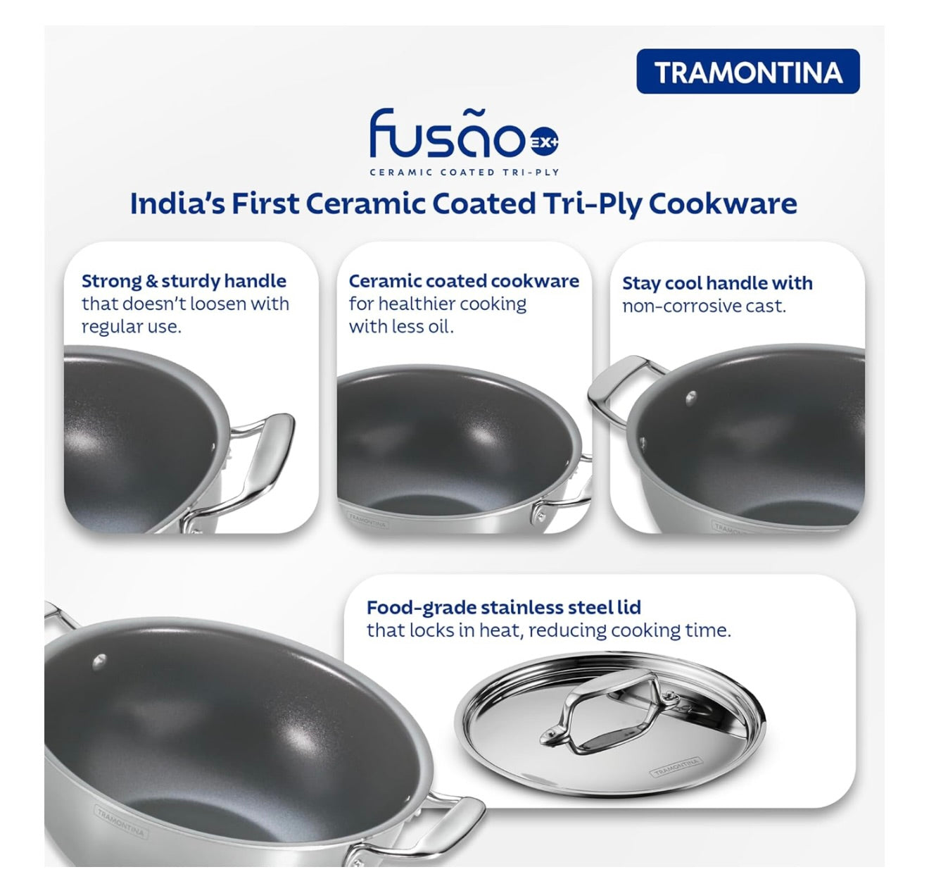 TRAMONTINA Fusao Ceramic Coated Triply Stainless Steel Deep Kadai EX+ with Lid 32 cm/8.0 L, Non Toxic, Induction Friendly, 10 Year Warranty