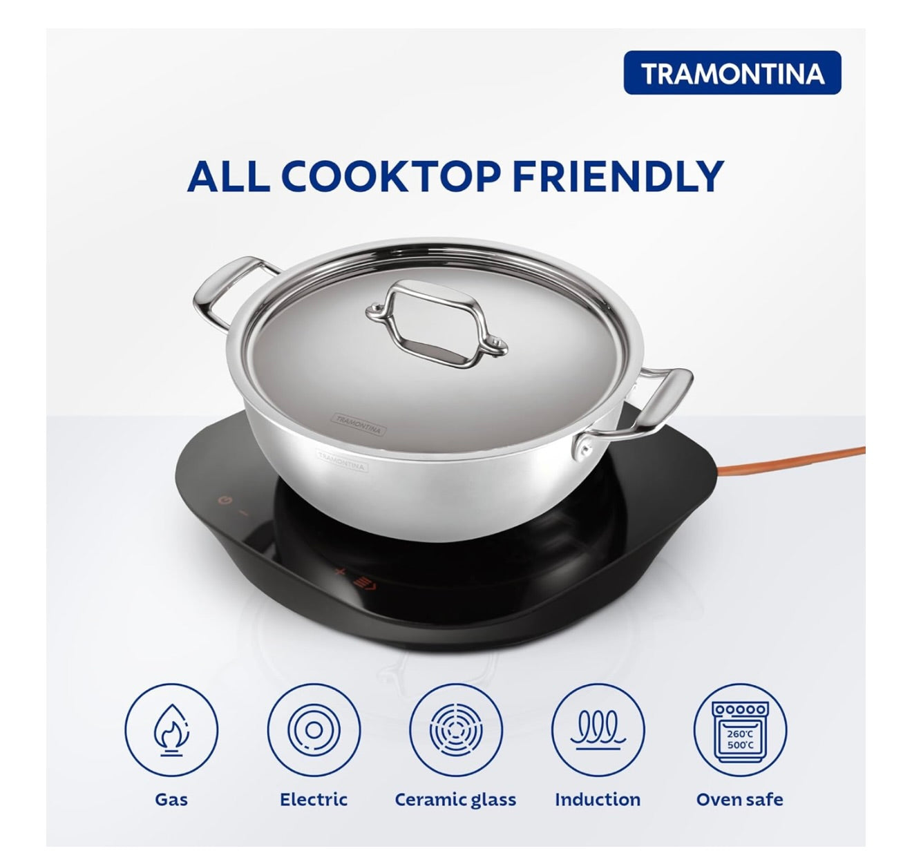 TRAMONTINA Fusao Ceramic Coated Triply Stainless Steel Deep Kadai EX+ with Lid 26 cm/4.7 L Non Toxic Induction Friendly, 10 Year Warranty