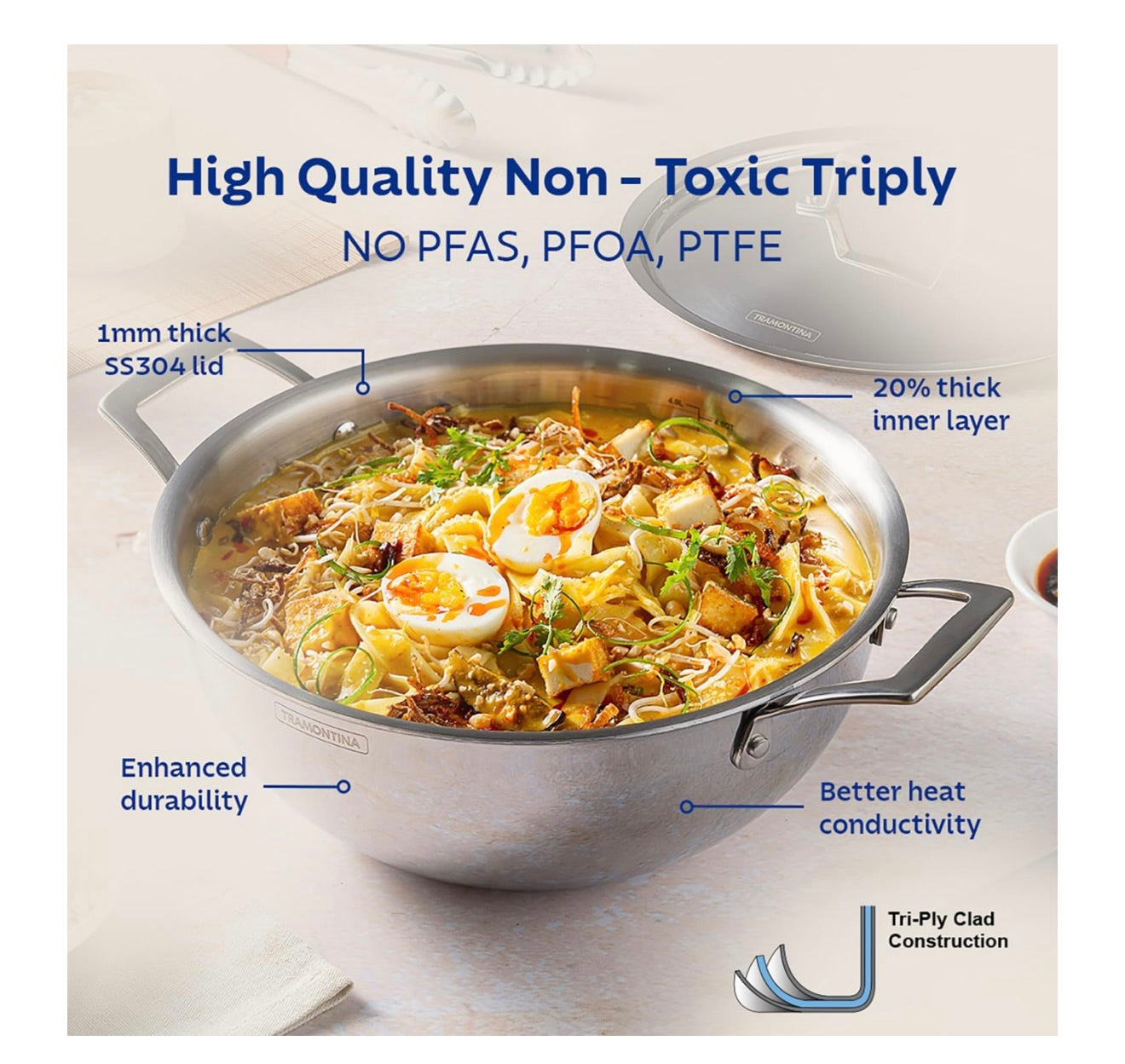 TRAMONTINA Aeion Triply Stainless Steel Deep Kadai with Lid 26cm/4.7 L, Non Toxic, Induction Friendly, 10 Year Warranty