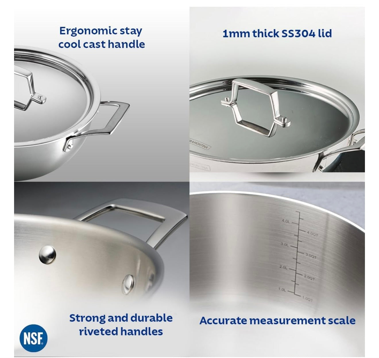 TRAMONTINA Aeion Triply Stainless Steel Deep Kadai with Lid 26cm/4.7 L, Non Toxic, Induction Friendly, 10 Year Warranty