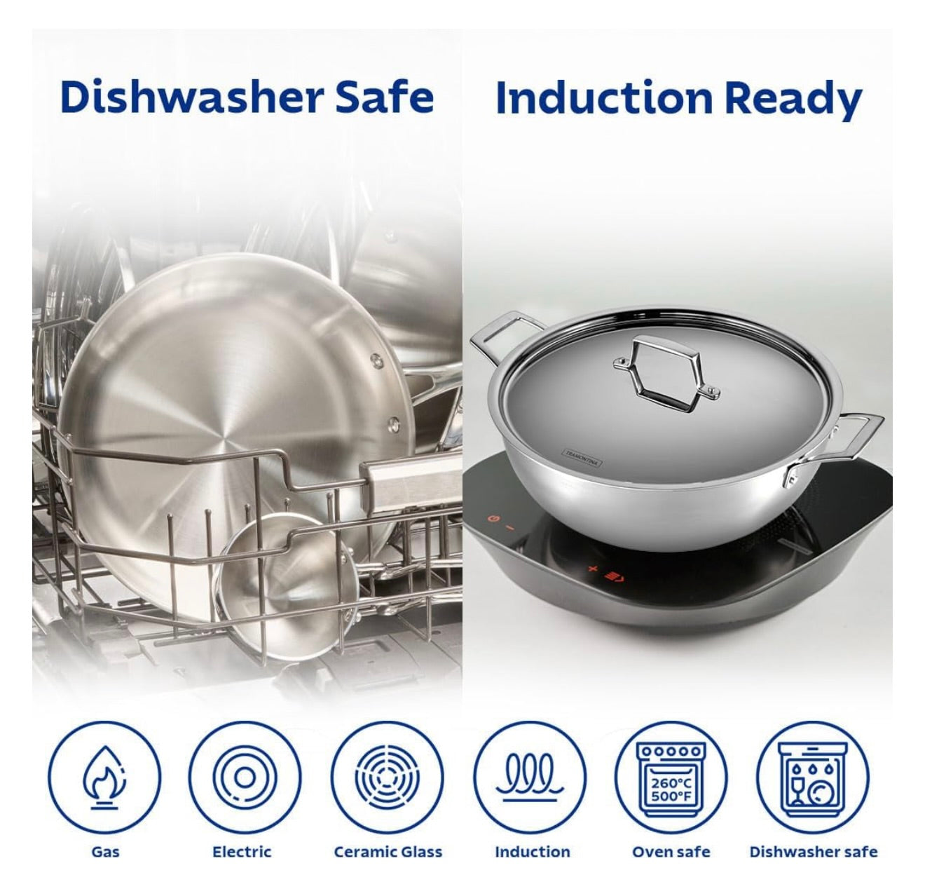 TRAMONTINA Aeion Triply Stainless Steel Deep Kadai with Lid 26cm/4.7 L, Non Toxic, Induction Friendly, 10 Year Warranty
