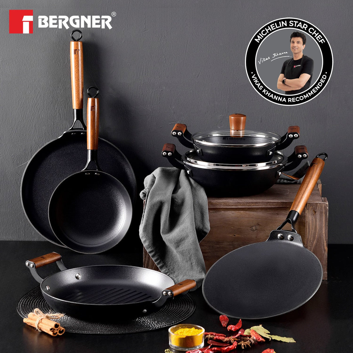 BERGNER Odin 20cm (1.4 L) Cast Iron Kadai/Kadhai with Glass Lid, for Deep-Fry/Stir-Fry/Curry/Roast/Grill/Serving, Lightweight and Rust Proof Iron, Enamel Finish, Induction Bottom and Gas Stove Ready