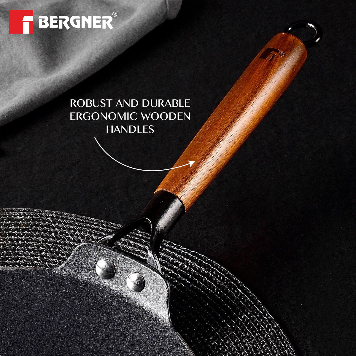 BERGNER Odin 26 cm Cast Iron Roti Tawa with Wooden Coated Handle, Loha Roti Tawa, for Chapatis/Rotis/Parathas, Rust Proof and Lightweight Iron, Enamel Finish, Induction Bottom and Gas Stove Ready