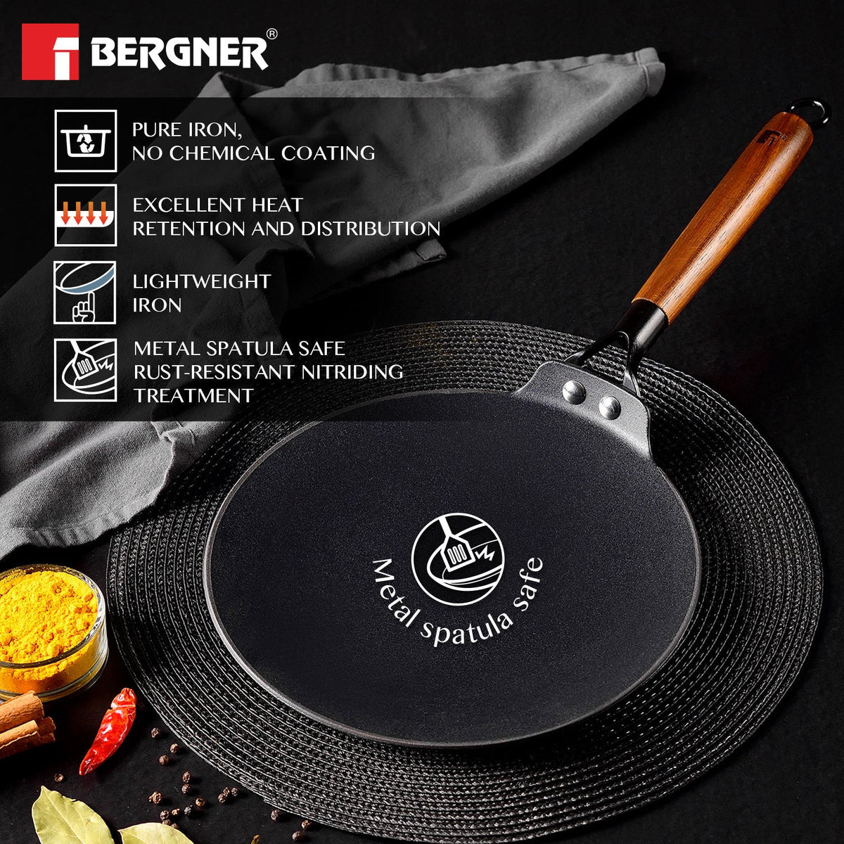 BERGNER Odin 26 cm Cast Iron Roti Tawa with Wooden Coated Handle, Loha Roti Tawa, for Chapatis/Rotis/Parathas, Rust Proof and Lightweight Iron, Enamel Finish, Induction Bottom and Gas Stove Ready
