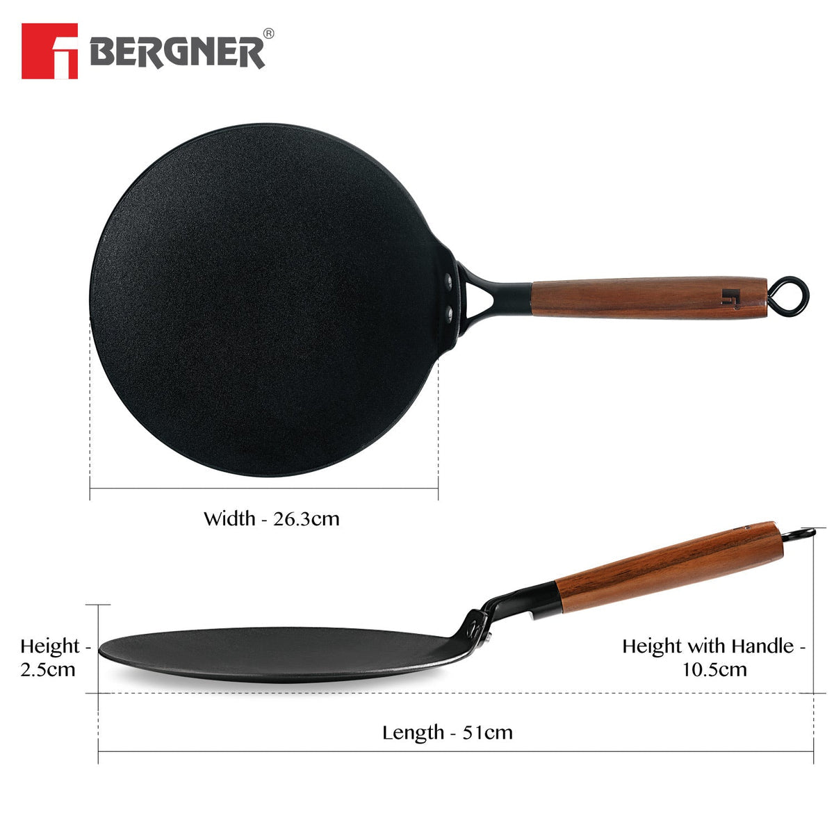 BERGNER Odin 26 cm Cast Iron Roti Tawa with Wooden Coated Handle, Loha Roti Tawa, for Chapatis/Rotis/Parathas, Rust Proof and Lightweight Iron, Enamel Finish, Induction Bottom and Gas Stove Ready