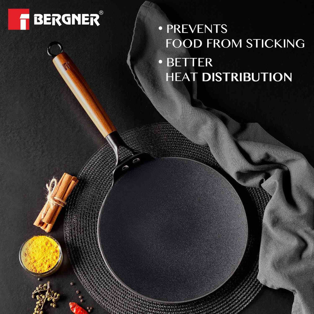 Bergner Odin Lightweight Iron 22cm Roti Tawa, Enamel Finish - Induction Bottom