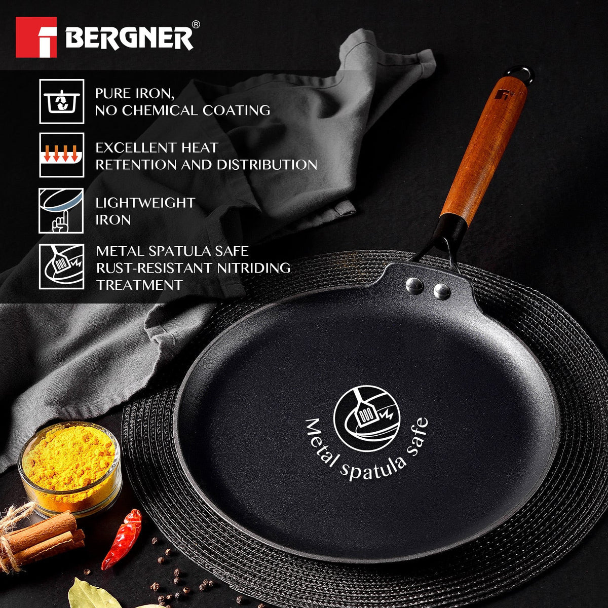 BERGNER Odin 30 cm Cast Iron Dosa Tawa with Wooden Coated Handle, Big Size Loha Dosa Tawa, Rust Proof and Lightweight Iron, Enamel Finish, Metal Spatula Safe, Induction and Gas Stove Ready