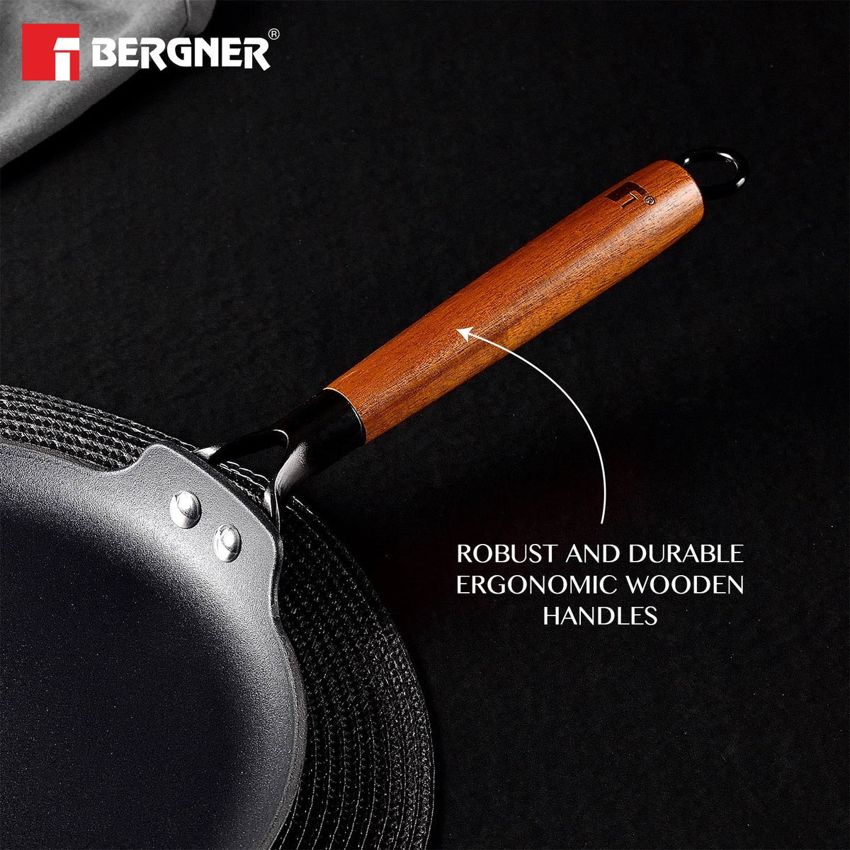 BERGNER Odin 30 cm Cast Iron Dosa Tawa with Wooden Coated Handle, Big Size Loha Dosa Tawa, Rust Proof and Lightweight Iron, Enamel Finish, Metal Spatula Safe, Induction and Gas Stove Ready