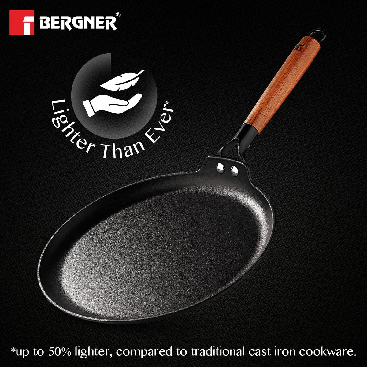 BERGNER Odin 30 cm Cast Iron Dosa Tawa with Wooden Coated Handle, Big Size Loha Dosa Tawa, Rust Proof and Lightweight Iron, Enamel Finish, Metal Spatula Safe, Induction and Gas Stove Ready