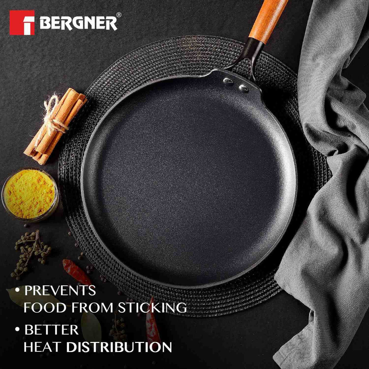 BERGNER Odin 30 cm Cast Iron Dosa Tawa with Wooden Coated Handle, Big Size Loha Dosa Tawa, Rust Proof and Lightweight Iron, Enamel Finish, Metal Spatula Safe, Induction and Gas Stove Ready