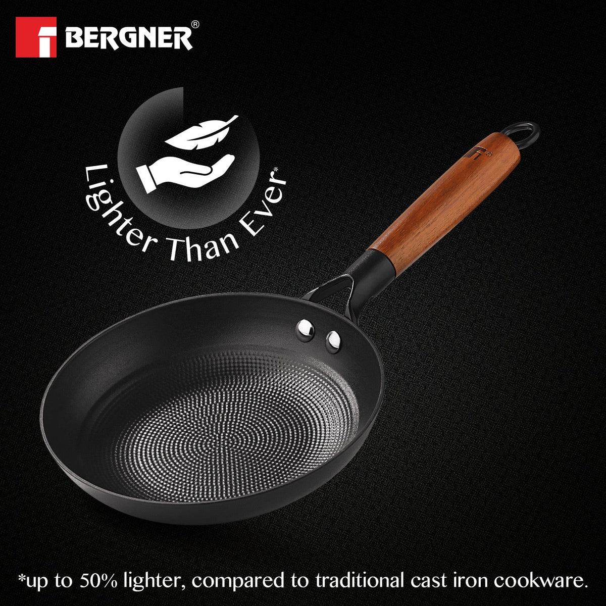 BERGNER Odin 28cm Cast Iron Frypan, Pre-Seasoned, for Searing/Browning/Frying/Sauteing/Serve, Rust Proof Lightweight Iron, Enamel Finish, Metal Spatula Safe, Induction Bottom and Gas Stove Ready