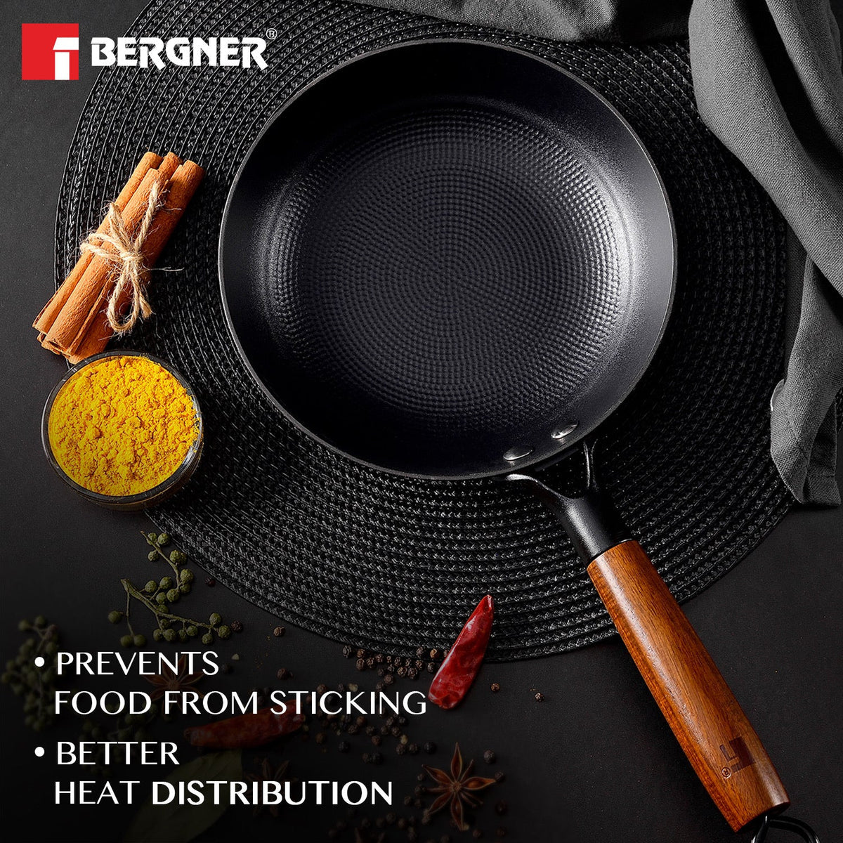 BERGNER Odin 20cm Cast Iron Frypan, Pre-Seasoned, for Searing/Browning/Frying/Sauteing/Serve, Enamel Finish, Rust Proof Lightweight Iron, Metal Spatula Safe, Induction Bottom and Gas Stove Ready