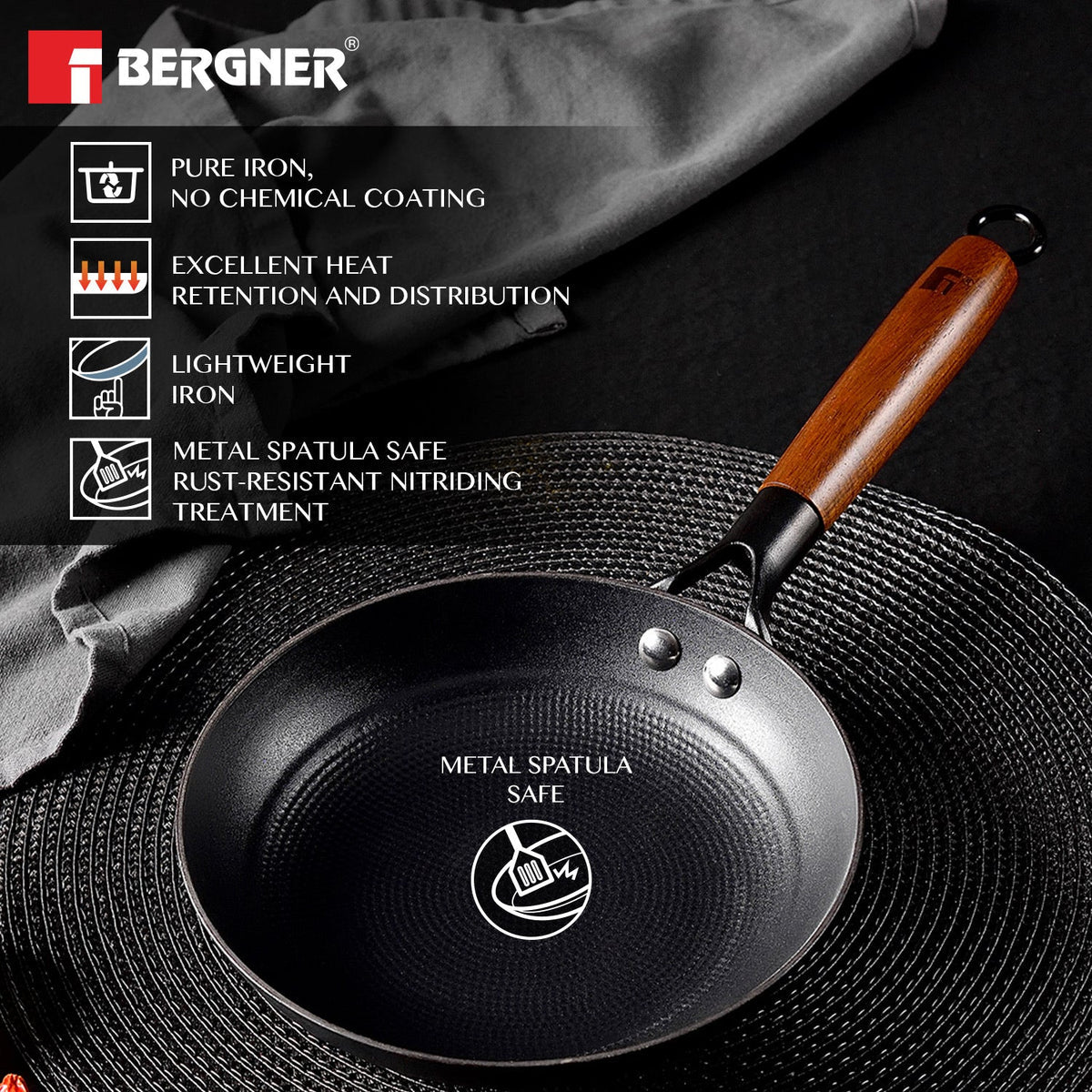 BERGNER Odin 24 cm Cast Iron Frypan, Pre-Seasoned, for Searing/Browning/Caramelizing/Frying/Sauteing/Serve, Rust Proof Lightweight Iron, Enamel Finish, Metal Spatula Safe, Induction & Gas Stove Ready