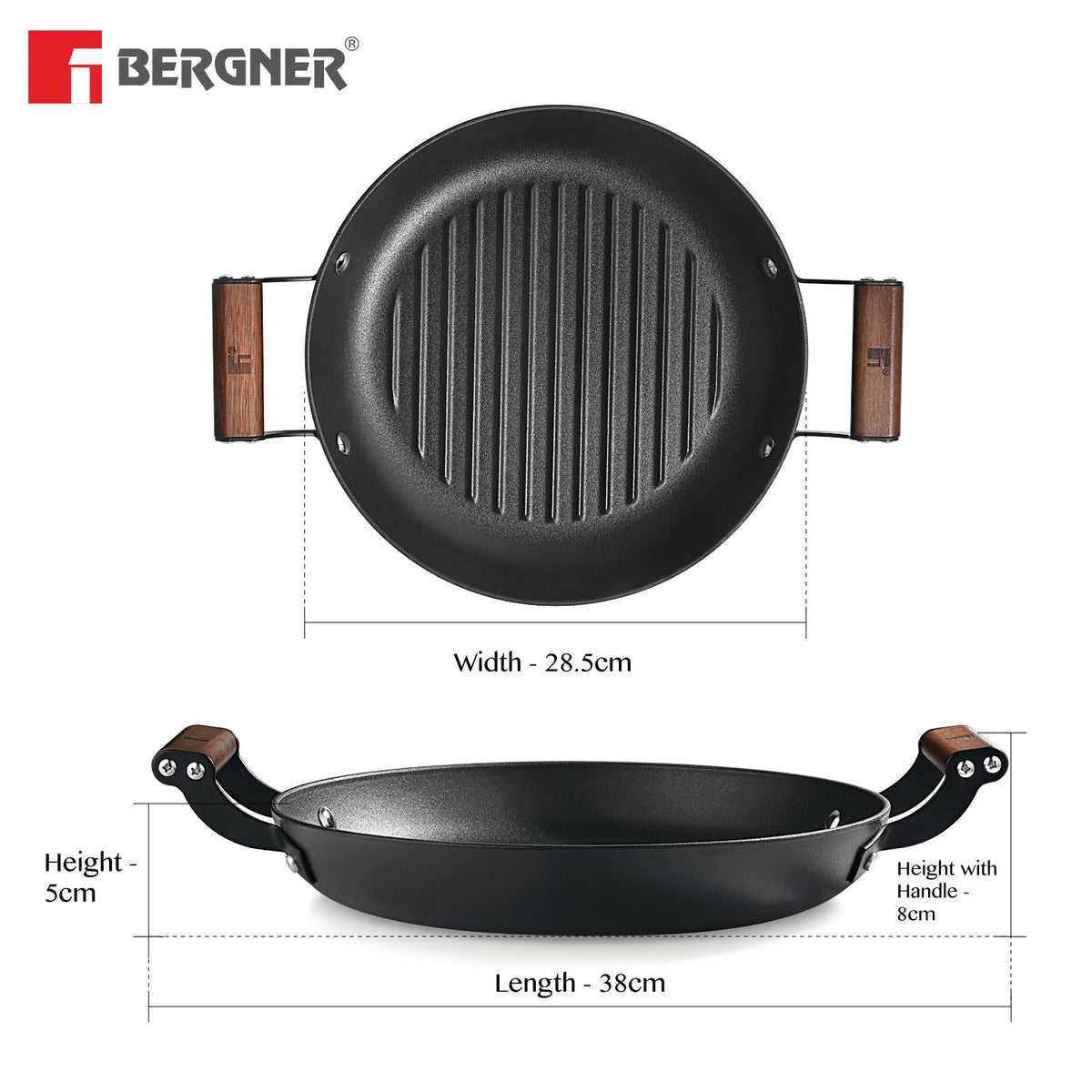 BERGNER Odin 28cm Cast Iron Round Grilled Pan with Glass Lid, Wooden Coated Handle, for Barbeque/Tikka/Kebab/Skewer/Sandwich/Grilled Wrap, Rust Proof Coating - Induction Bottom and Gas Stove Ready