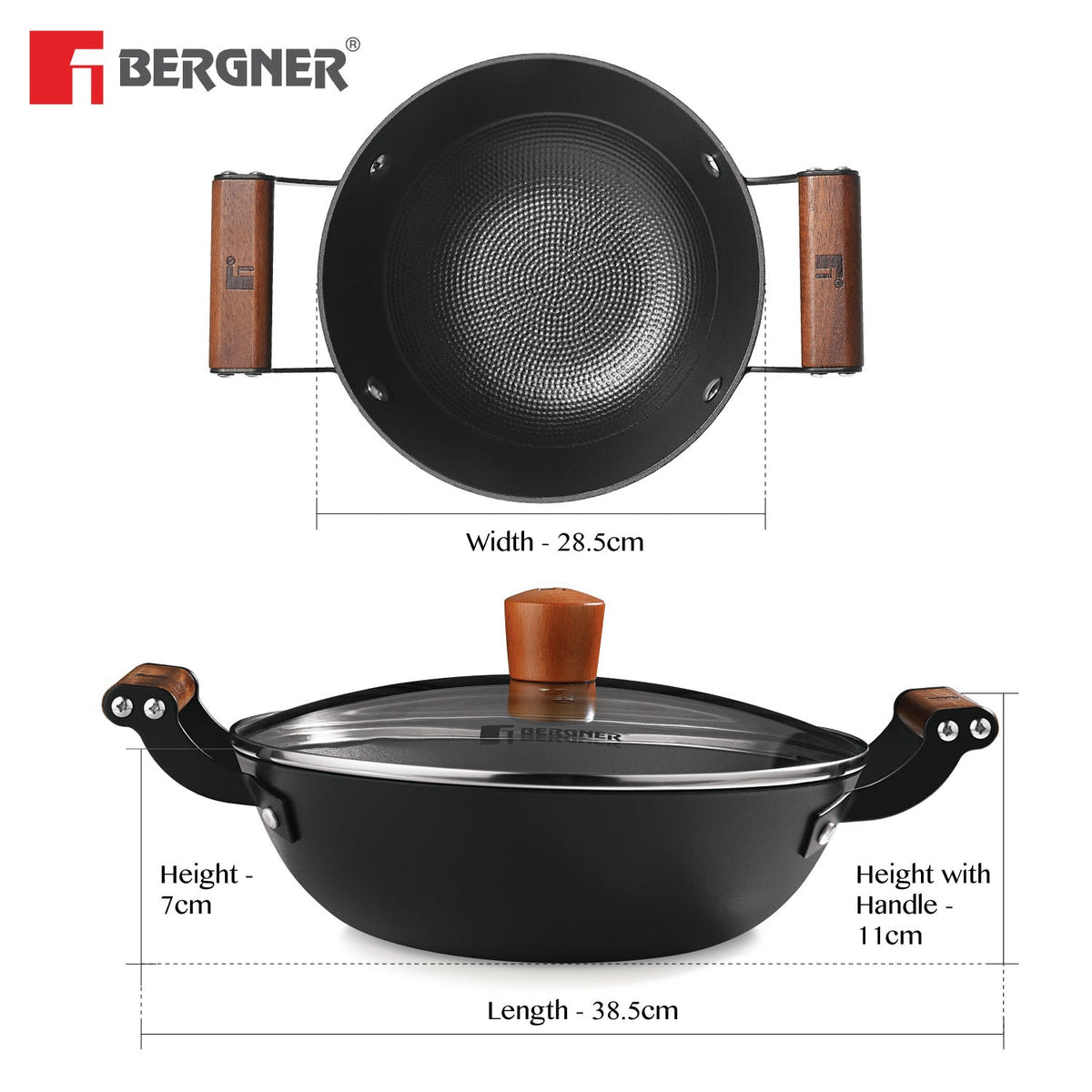 Bergner Odin 28 cm Cast Iron Kadai/Kadhai with Glass Lid, 3.3 L Capacity, For Deep-Fry/Stir-Fry/Curry/Roast/Grill/Serving, Lightweight and Rust Proof Iron, Enamel Finish, Induction and Gas Stove Ready