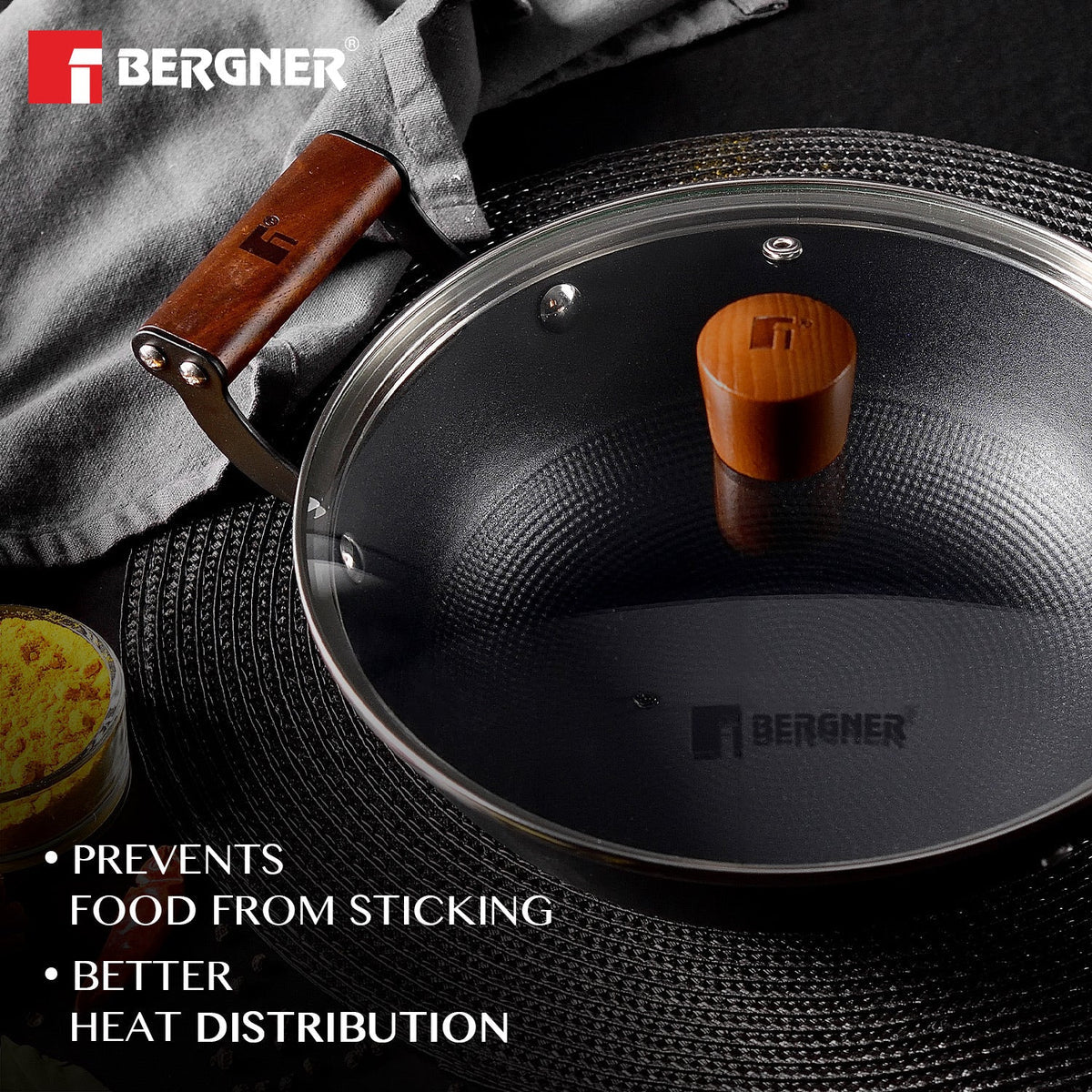 Bergner Odin 24 cm Cast Iron Kadai/Kadhai with Glass Lid, 2.2 L Capacity, For Deep-Fry/Stir-Fry/Curry/Roast/Grill/Serving, Lightweight and Rust Proof Iron, Enamel Finish, Induction and Gas Stove Ready