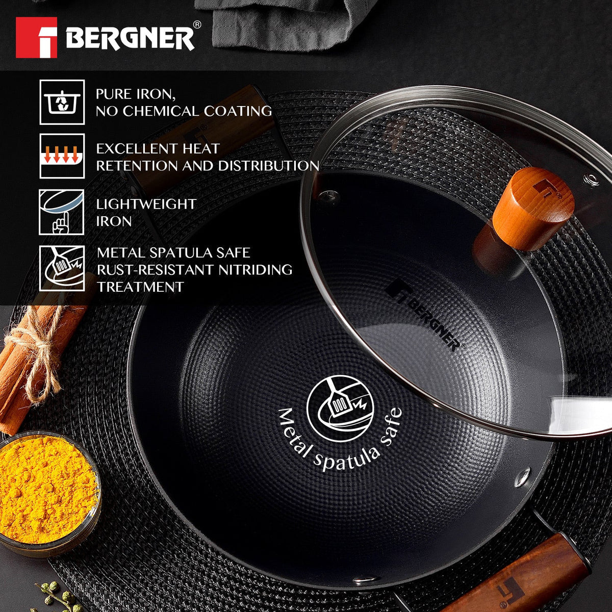Bergner Odin 28 cm Cast Iron Kadai/Kadhai with Glass Lid, 3.3 L Capacity, For Deep-Fry/Stir-Fry/Curry/Roast/Grill/Serving, Lightweight and Rust Proof Iron, Enamel Finish, Induction and Gas Stove Ready