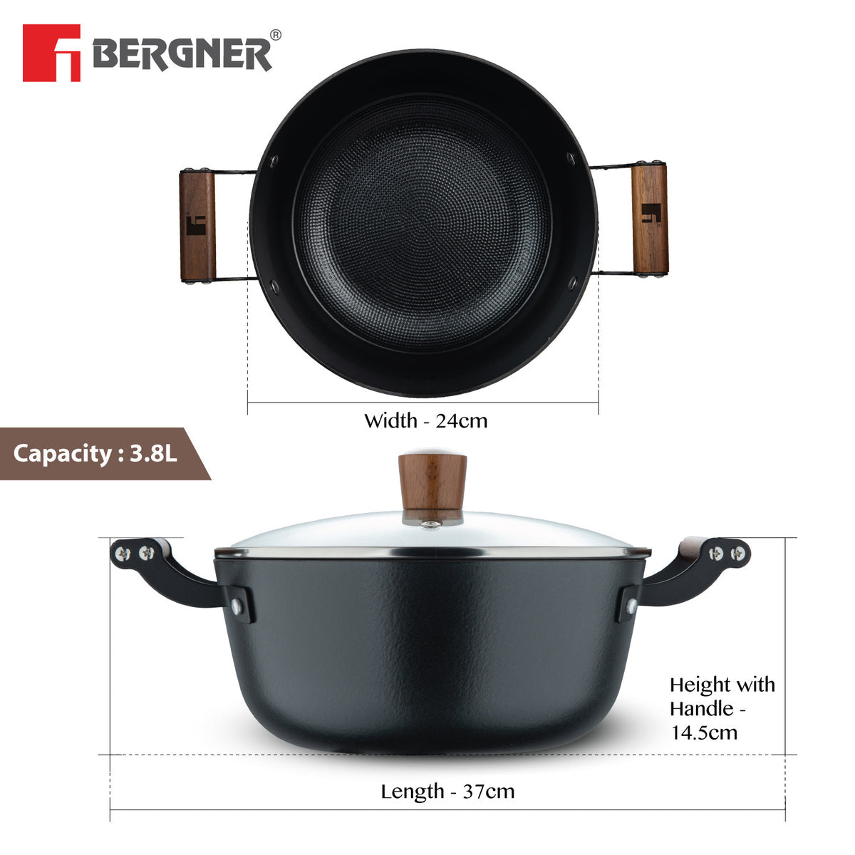 Bergner Odin 24cm (3.8 Liters) Cast Iron Casserole with Glass Lid, Biryani Handi Pot For Cooking, Heavy Bottom, Lightweight and Rust Proof Coating, Enamel Finish - Induction Bottom and Gas Stove Ready