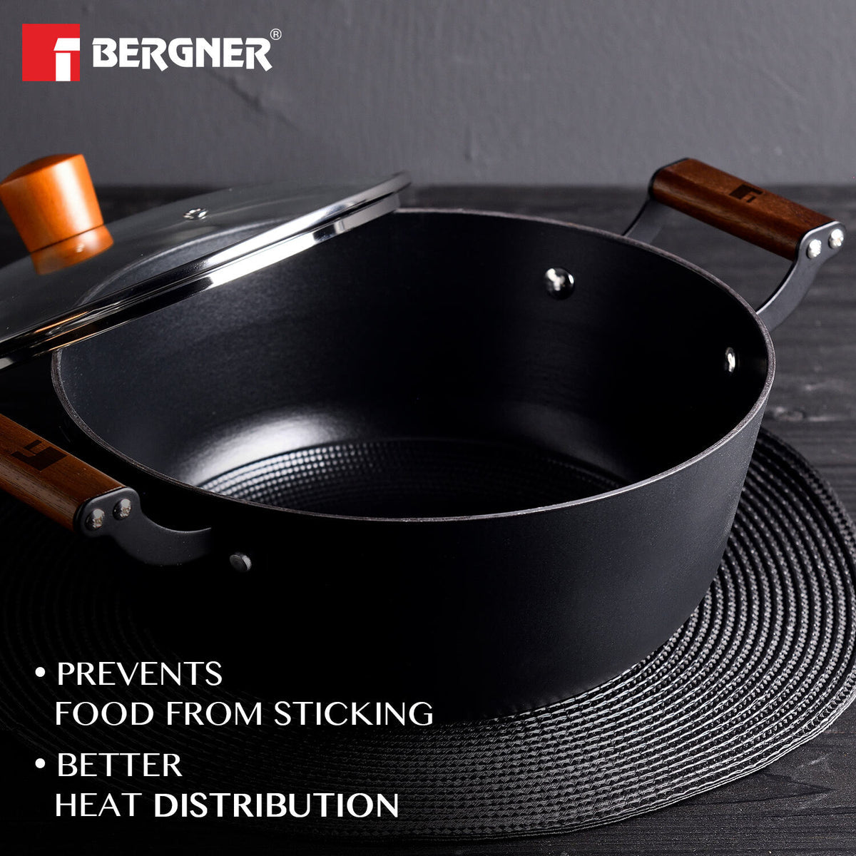 Bergner Odin 24cm (3.8 Liters) Cast Iron Casserole with Glass Lid, Biryani Handi Pot For Cooking, Heavy Bottom, Lightweight and Rust Proof Coating, Enamel Finish - Induction Bottom and Gas Stove Ready