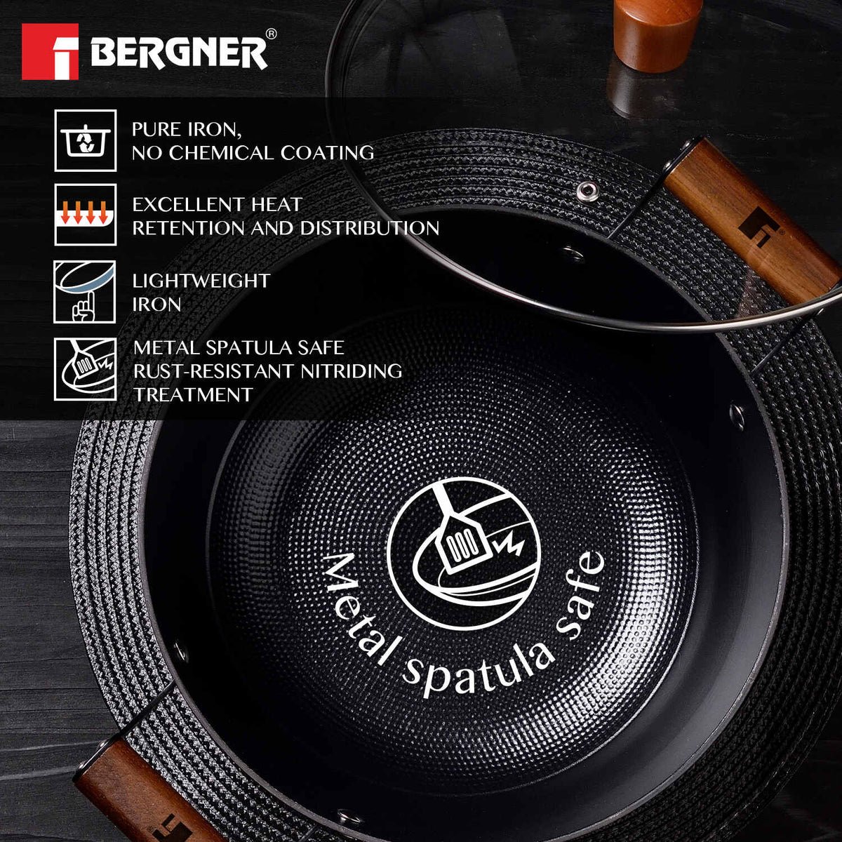 Bergner Odin 20cm (2 Liters) Cast Iron Casserole with Glass Lid, Biryani Handi Pot for Cooking, Heavy Bottom, Lightweight and Rust Proof Coating, Enamel Finish - Induction Bottom and Gas Stove Ready