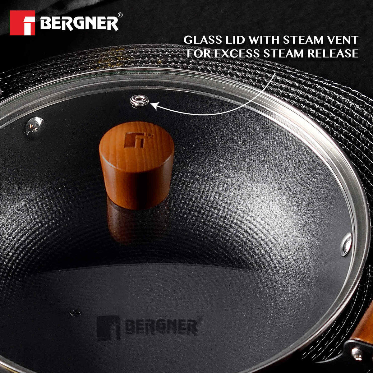 Bergner Odin 28cm (5.6 Liters) Cast Iron Casserole with Glass Lid, Biryani Handi Pot For Cooking, Heavy Bottom, Lightweight and Rust Proof Coating, Enamel Finish - Induction Bottom and Gas Stove Ready