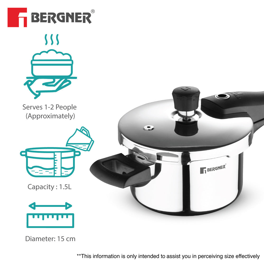 Bergner Argent Elements Triply Stainless Steel 1.5 L Outer Lid Pressure Cooker, Triply Bottom Pressure Cooker, Safety Gasket and GRS, Mirror Finish, Induction Base & Gas Ready, Silver, 5-Year Warranty