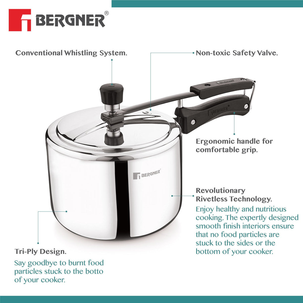 Bergner 1.5L Argent Tri-Ply 18/10 Stainless Steel Inner Lid Pressure Cooker