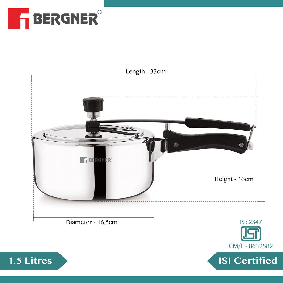 Bergner 1.5L Argent Tri-Ply 18/10 Stainless Steel Inner Lid Pressure Cooker