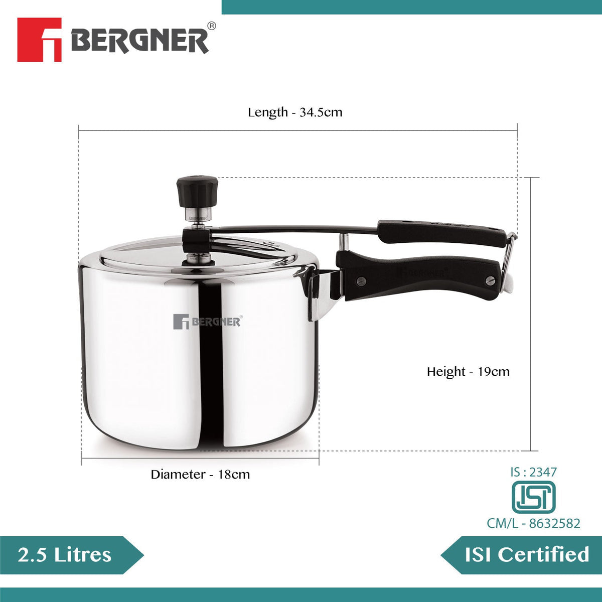 Bergner 2.5L Argent Tri-Ply 18/10 Stainless Steel Inner Lid Pressure Cooker