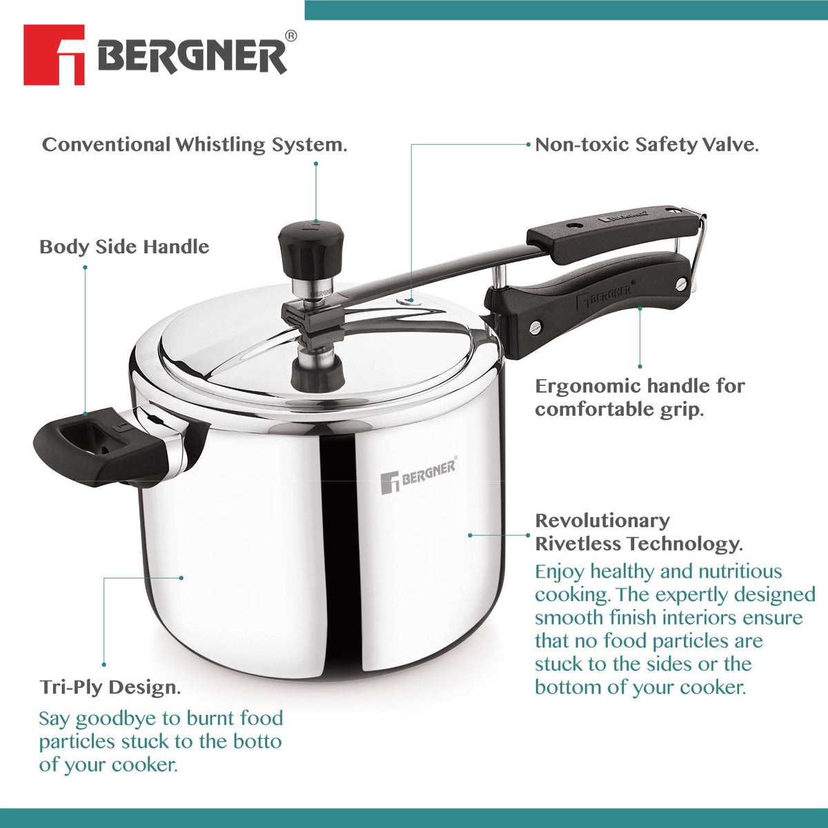 Bergner 3.5L Argent Tri-Ply 18/10 Stainless Steel Inner Lid Pressure Cooker