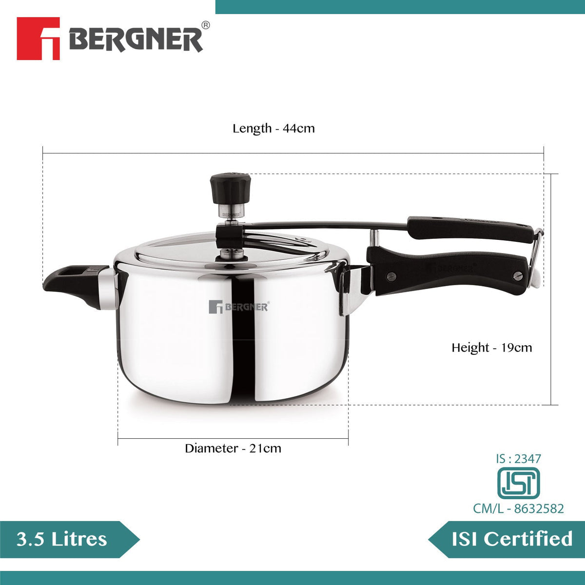 Bergner 3.5L Argent Tri-Ply 18/10 Stainless Steel Inner Lid Pressure Cooker