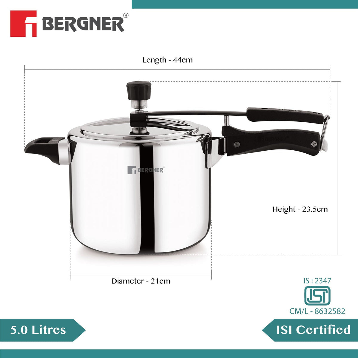 Bergner 5.0L Argent Tri-Ply 18/10 Stainless Steel Inner Lid Pressure Cooker