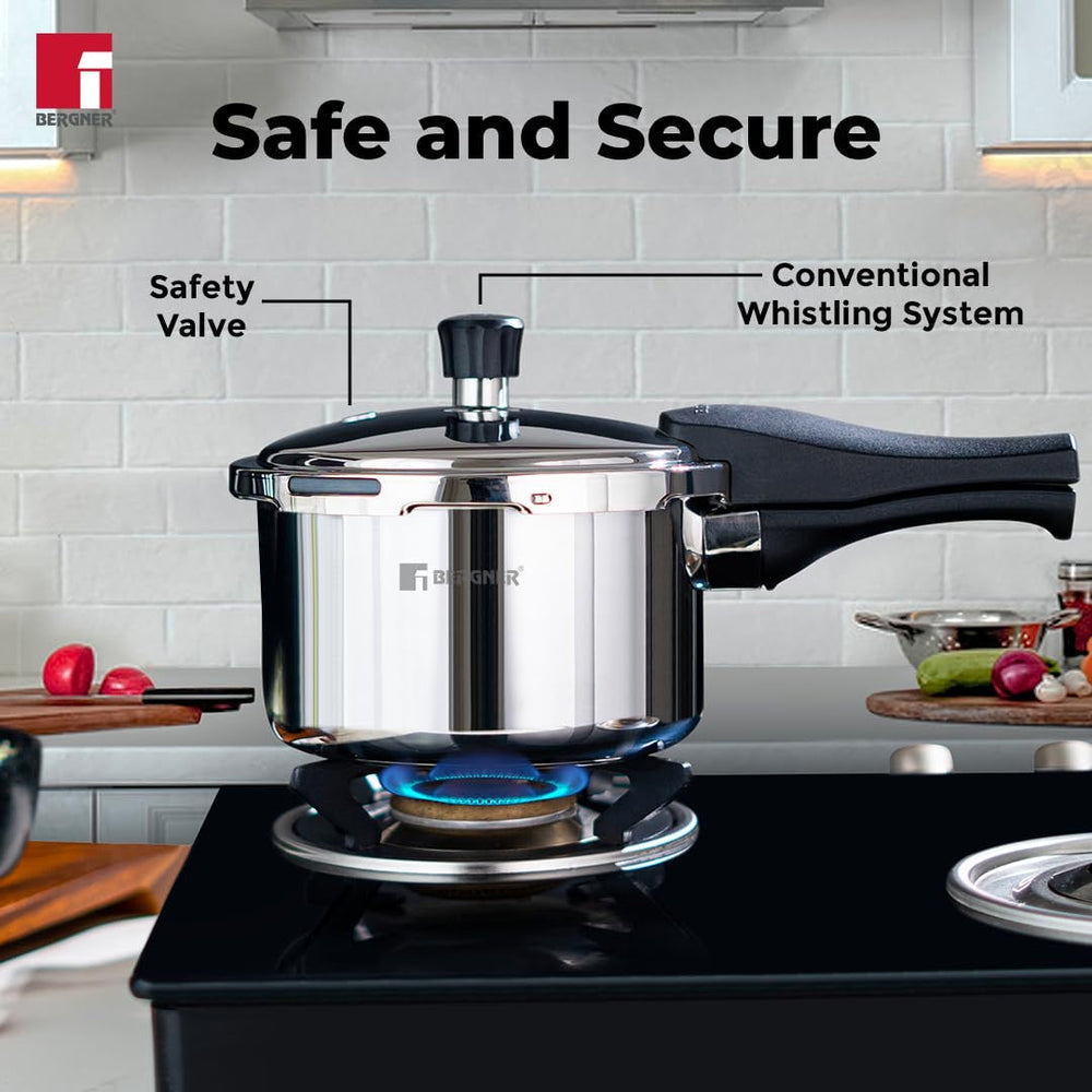 Bergner 1.5L Trimax Stainless Steel Outer Lid Pressure Cooker, Easy Locking - Induction Bottom ( 5-Year Warranty)