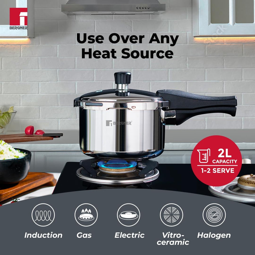 Bergner 2.0L Trimax Stainless Steel Outer Lid Pressure Cooker, Easy Locking - Induction Bottom ( 5-Year Warranty)