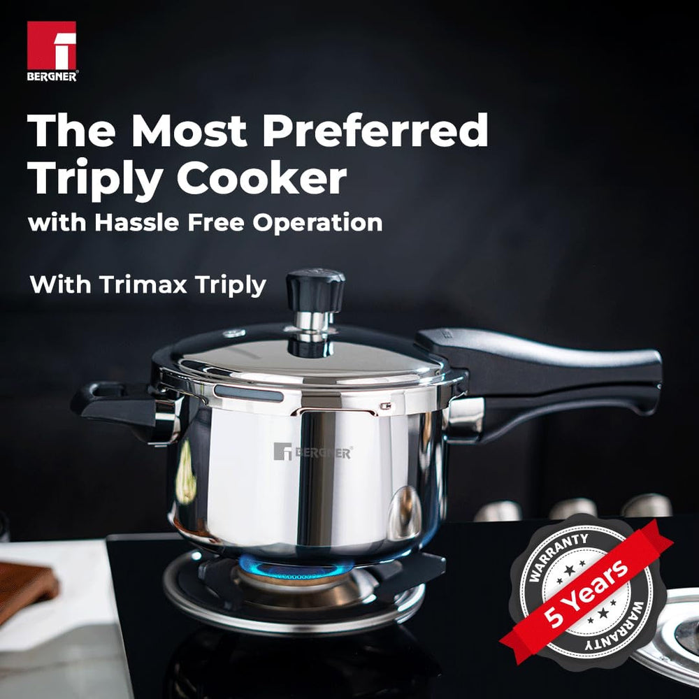 Bergner 3.0L Trimax Stainless Steel Outer Lid Pressure Cooker, Easy Locking - Induction Bottom ( 5-Year Warranty)