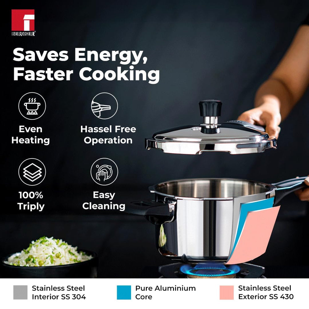 Bergner 3.0L Trimax Stainless Steel Outer Lid Pressure Cooker, Easy Locking - Induction Bottom ( 5-Year Warranty)