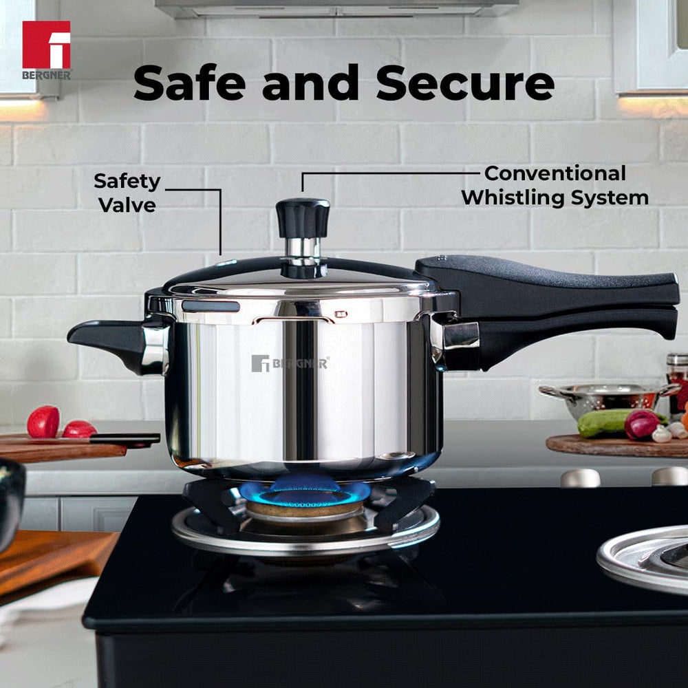Bergner 3.0L Trimax Stainless Steel Outer Lid Pressure Cooker, Easy Locking - Induction Bottom ( 5-Year Warranty)