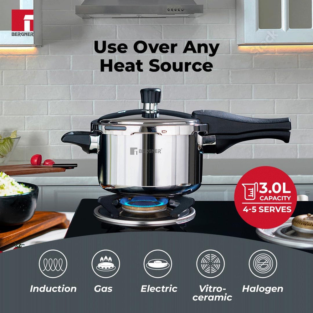 Bergner 3.0L Trimax Stainless Steel Outer Lid Pressure Cooker, Easy Locking - Induction Bottom ( 5-Year Warranty)