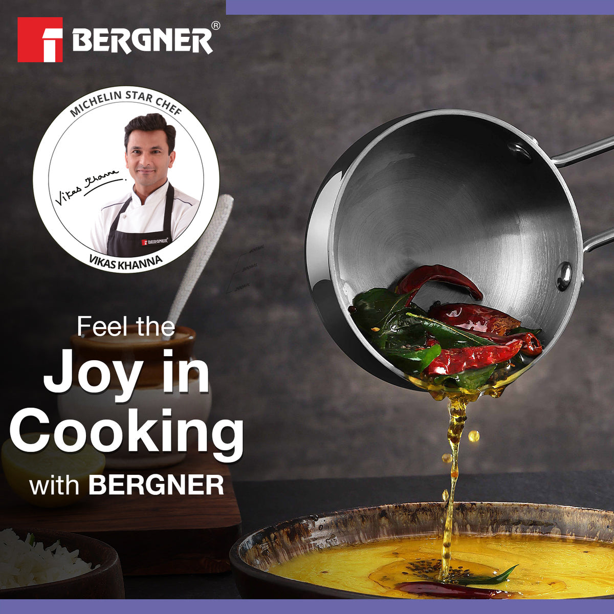 Bergner Argent TriPly Stainless Steel 12cm Tadka Pan, 500ml Capacity, For Spice Tempering/Seasoning, Laser-Etched Measuring Scale Inside, Food Grade, Healthy Cooking - Induction and Gas Stove Ready