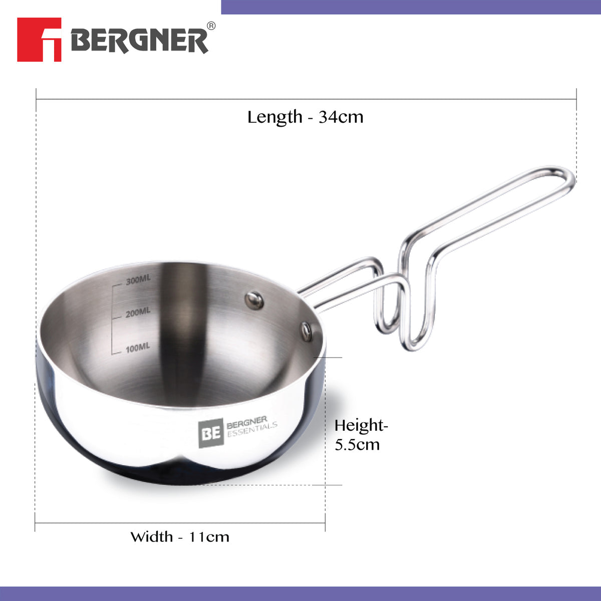Bergner Argent TriPly Stainless Steel 12cm Tadka Pan, 500ml Capacity, For Spice Tempering/Seasoning, Laser-Etched Measuring Scale Inside, Food Grade, Healthy Cooking - Induction and Gas Stove Ready