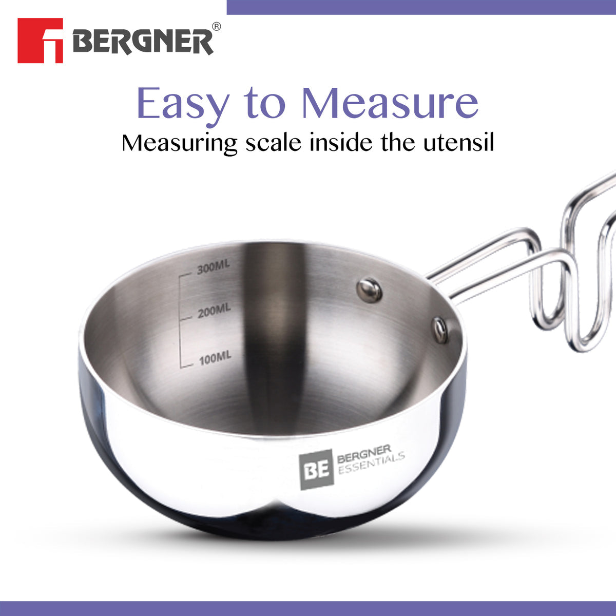Bergner Argent TriPly Stainless Steel 12cm Tadka Pan, 500ml Capacity, For Spice Tempering/Seasoning, Laser-Etched Measuring Scale Inside, Food Grade, Healthy Cooking - Induction and Gas Stove Ready