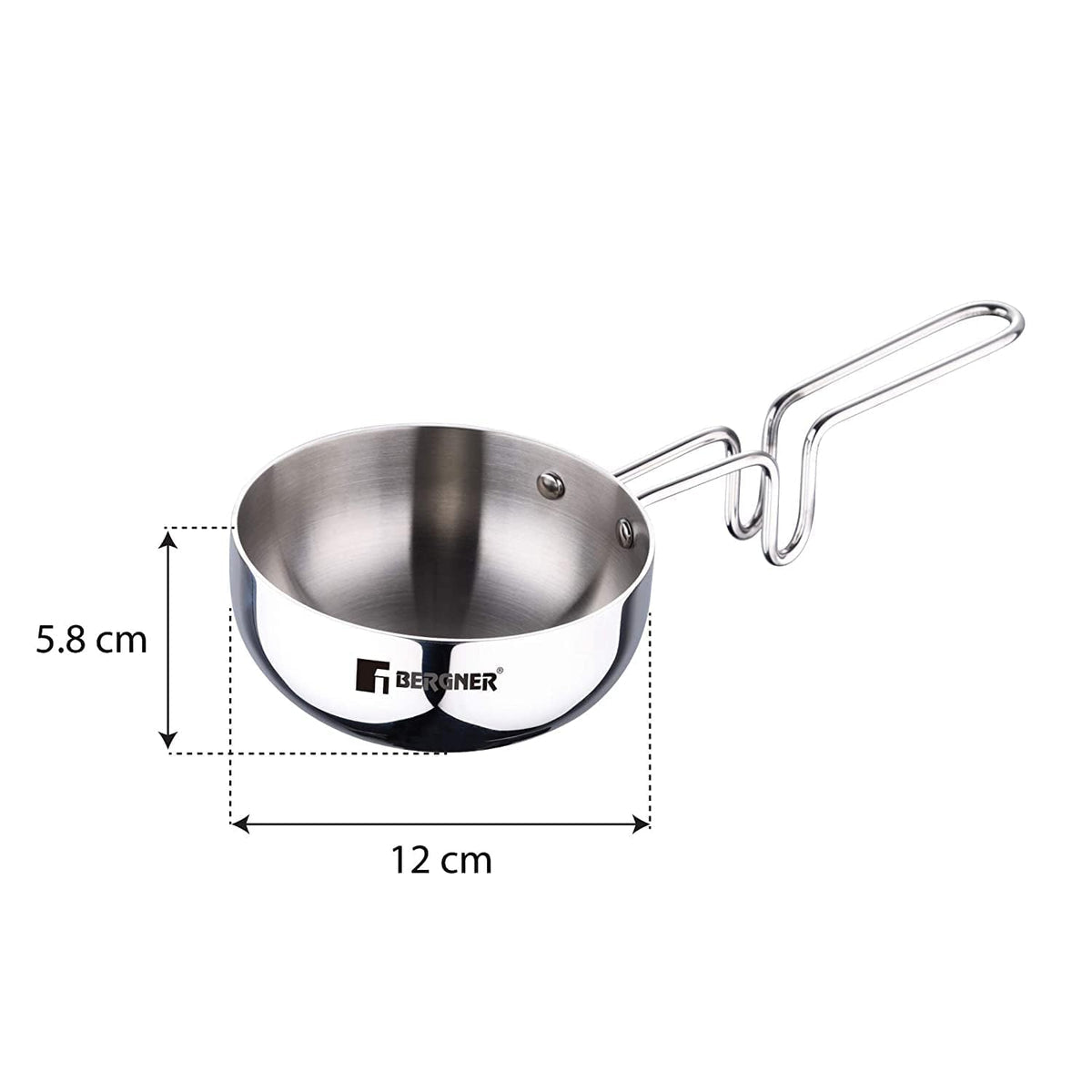 Bergner Argent TriPly Stainless Steel 12cm Tadka Pan, 500ml Capacity, For Spice Tempering/Seasoning, Laser-Etched Measuring Scale Inside, Food Grade, Healthy Cooking - Induction and Gas Stove Ready