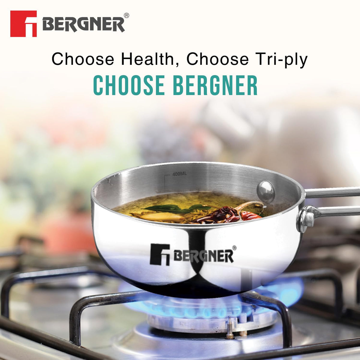 Bergner Argent TriPly Stainless Steel 12cm Tadka Pan, 500ml Capacity, For Spice Tempering/Seasoning, Laser-Etched Measuring Scale Inside, Food Grade, Healthy Cooking - Induction and Gas Stove Ready